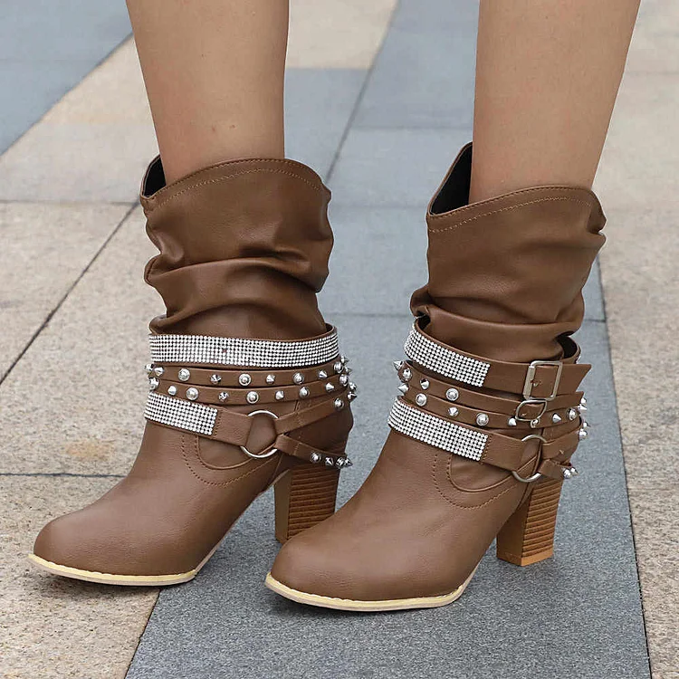 Brown Rivets and Rhinestone Slouch Boots Cool Chunky Heel Boots |FSJ Shoes