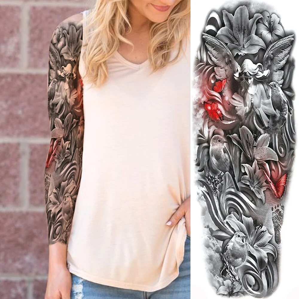 Sexy Full Arm Temporary Tattoos Sticker For Women Men Adult Gun Nun Vines Realistic Fake Tattoo Sleeves Large Tatoos Paste