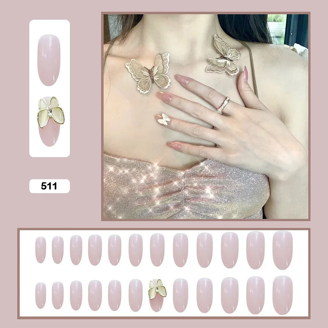 24pcs Stereoscopic Butterfly Light Luxury Elegant Nude Lady Style Removable Nail False Nail Manicure Tool-Nail Inspo