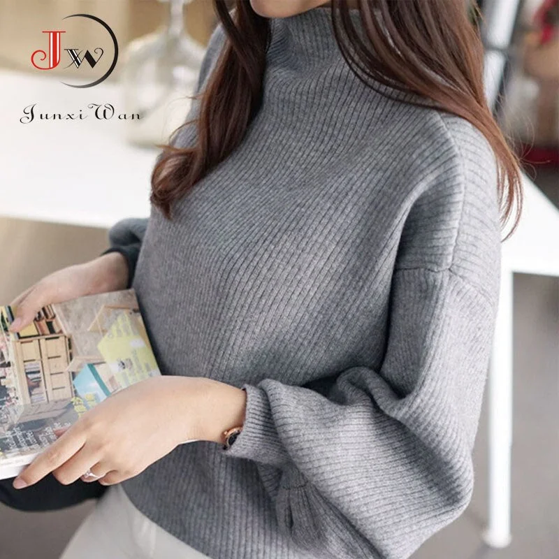 New Winter Women Sweater Fashion Turtleneck Lantern Sleeve Pullovers Loose Knitted Female Jumper Tops Pull Femme