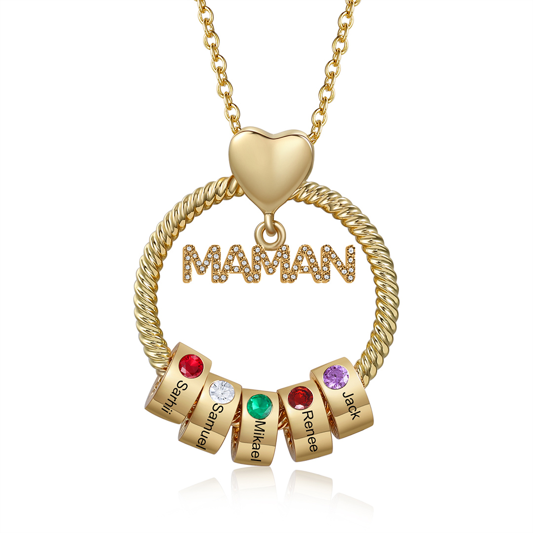 À ma Maman - Collier Pendentif 5 Prénoms Personnalisés avec Pierre de naissance