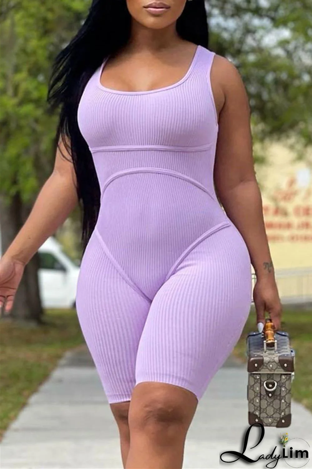 Purple Fashion Casual Solid Basic U Neck Skinny Romper