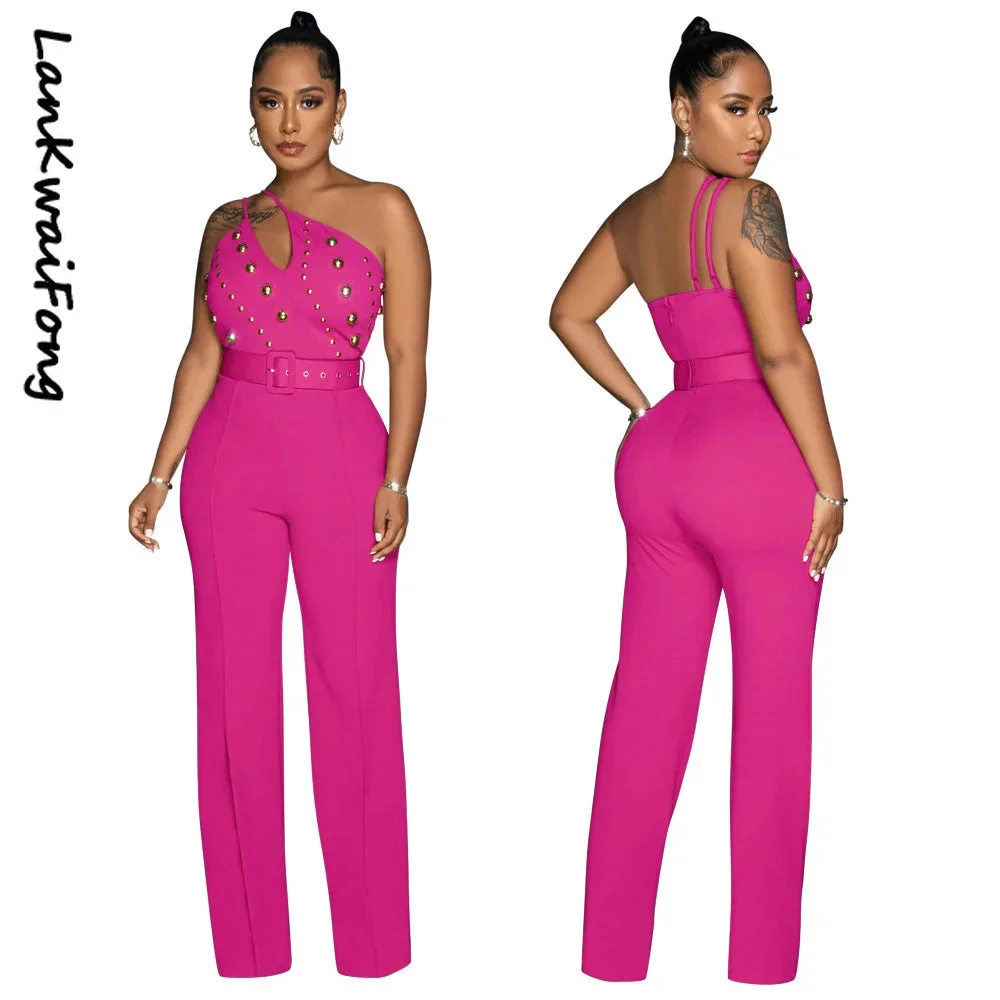 Tlbang Leisure Party Women's Pants Slim Fit One Shoulder Off Back Solid Color Beaded Sexy Elegant Jumpsuit