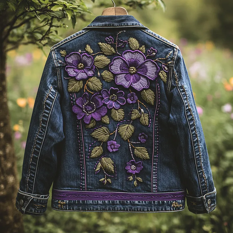 Women's Violet Floral Embroidery Art Denim Jacket