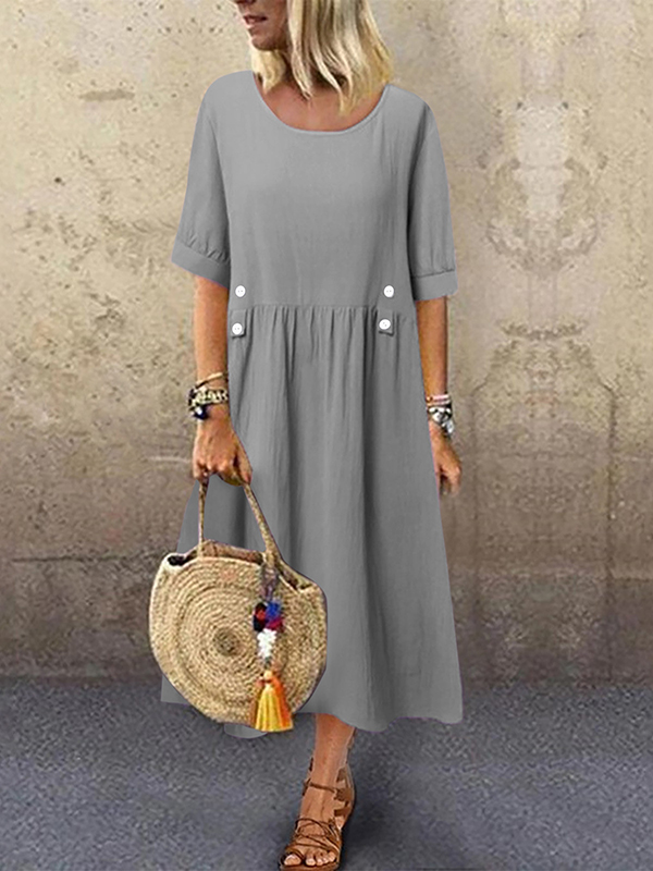 Slit Buttoned Round Neck Long Sleeve Dress