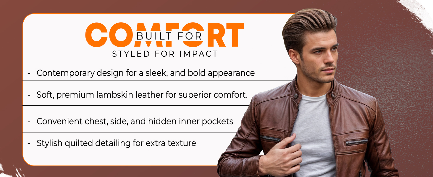 leather jacket brown cafe racer men slim coat biker real lambskin motorcycle moto outerwear