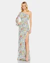 Sequined Floral Print One Sleeve Faux Wrap Gown