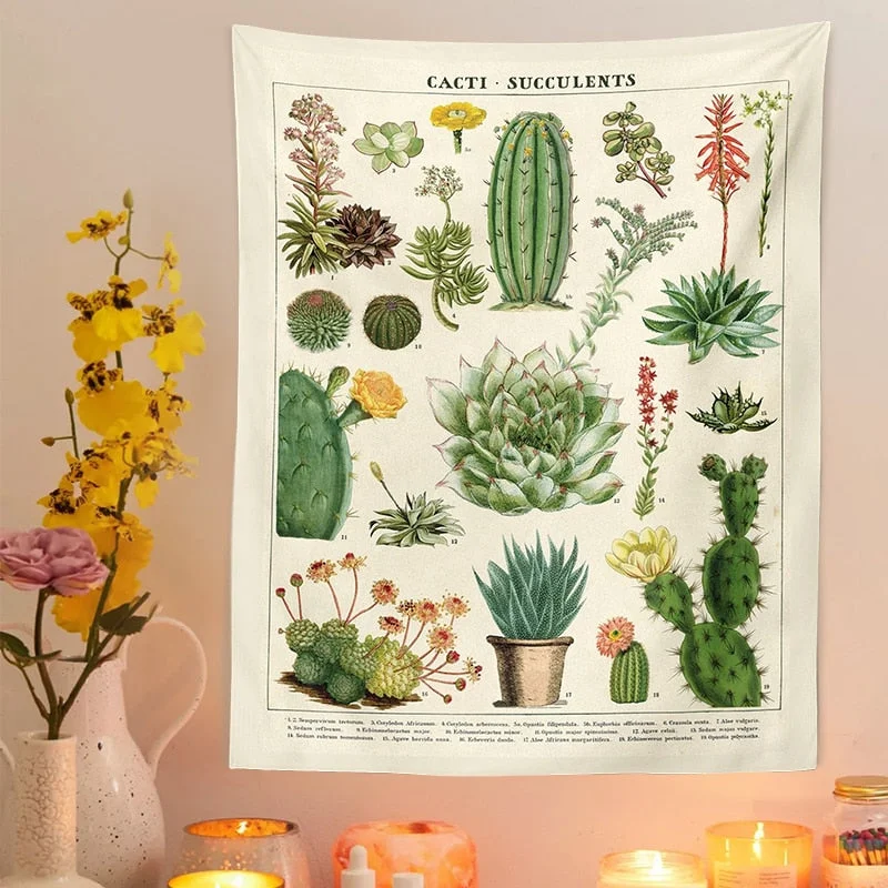 Botanical Cactus Tapestry Wall Hanging Retro cacti succulents Mushroom Chart Hippie Bohemian Psychedelic Witchcraft Home Decor