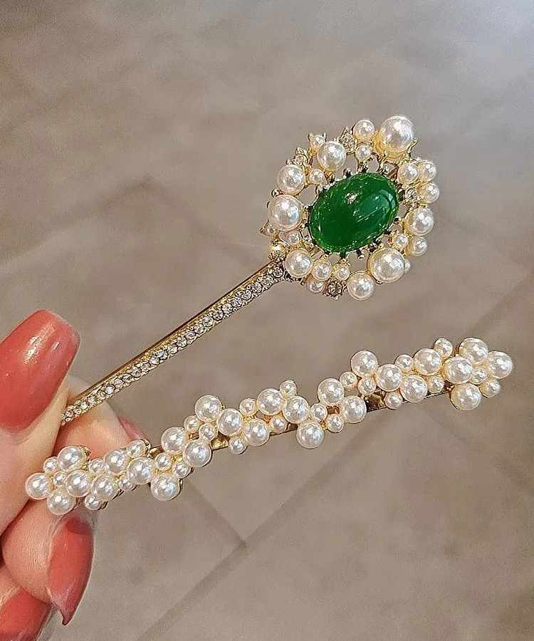Classy White Copper Overgild Zircon Pearl Emerald Hairpin Two-Piece Set