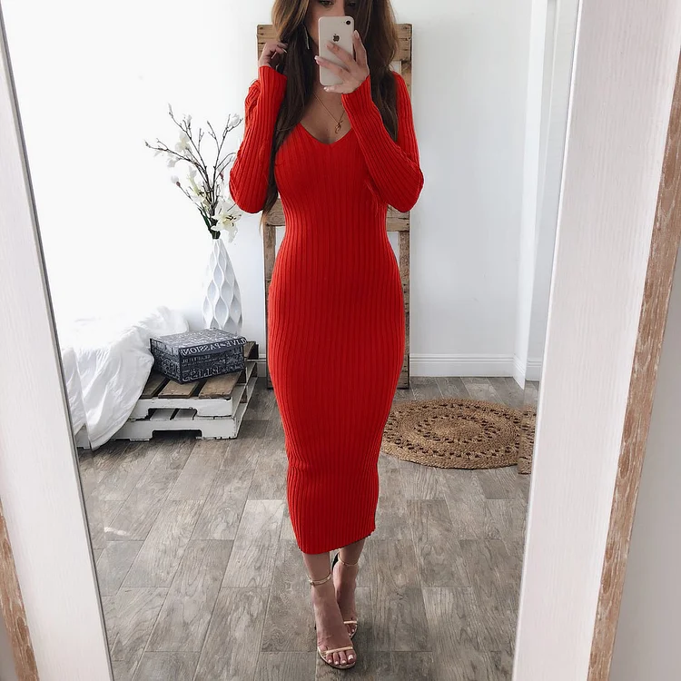 Long Sleeve Knitted Bodycon Dress SF242