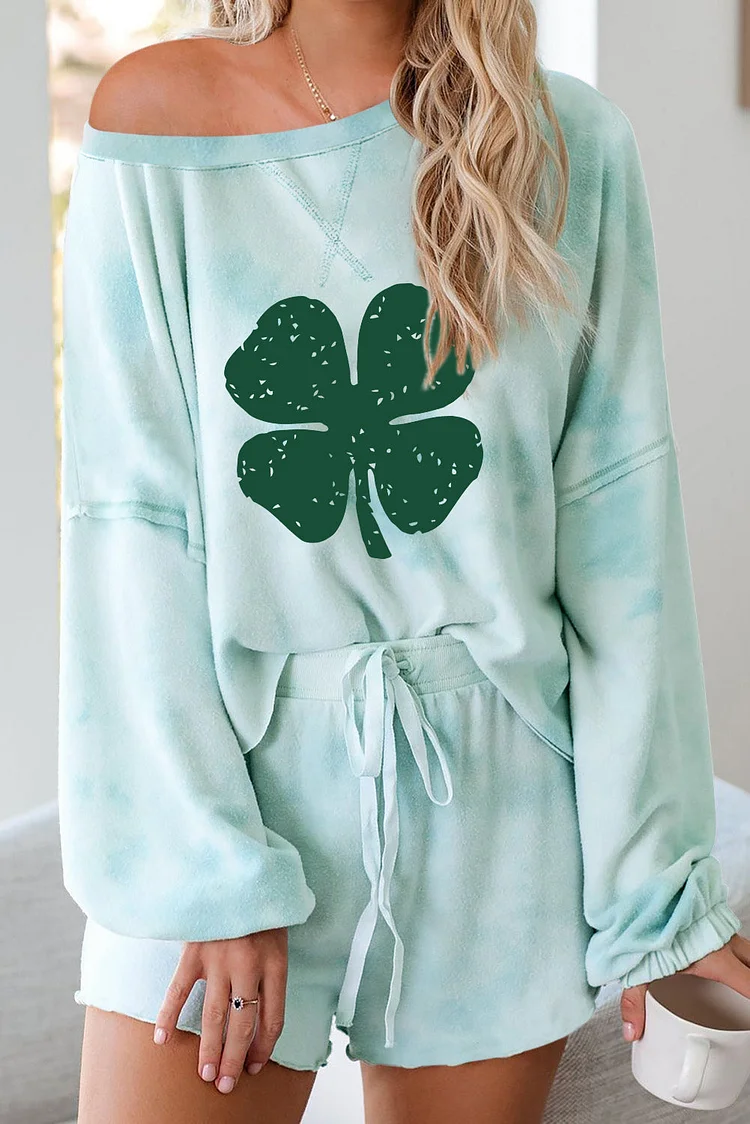 Clover Print Tie Dyed Long Sleeve Top and Shorts Loungewear-elleschic