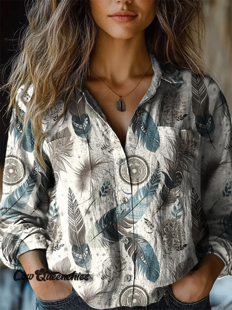 Women’s Bohemian Feathers Print Casual Long Sleeve Comfortable Cotton Shirt Multicolor / S