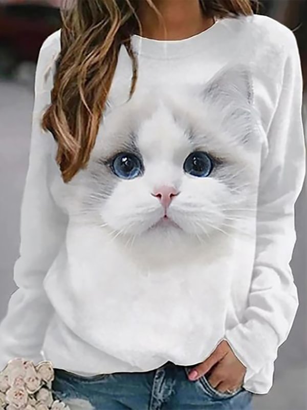 Ladies cat print casual sweatshirt