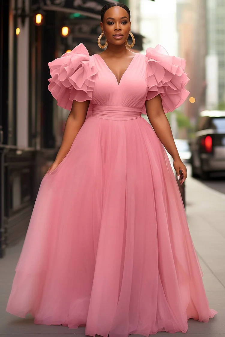 Xpluswear Design Plus Size Formal Pink V Neck Flutter Sleeve Ruffle Tiered Tulle Maxi Dresses [Pre-Order] 2024 - Xpluswear