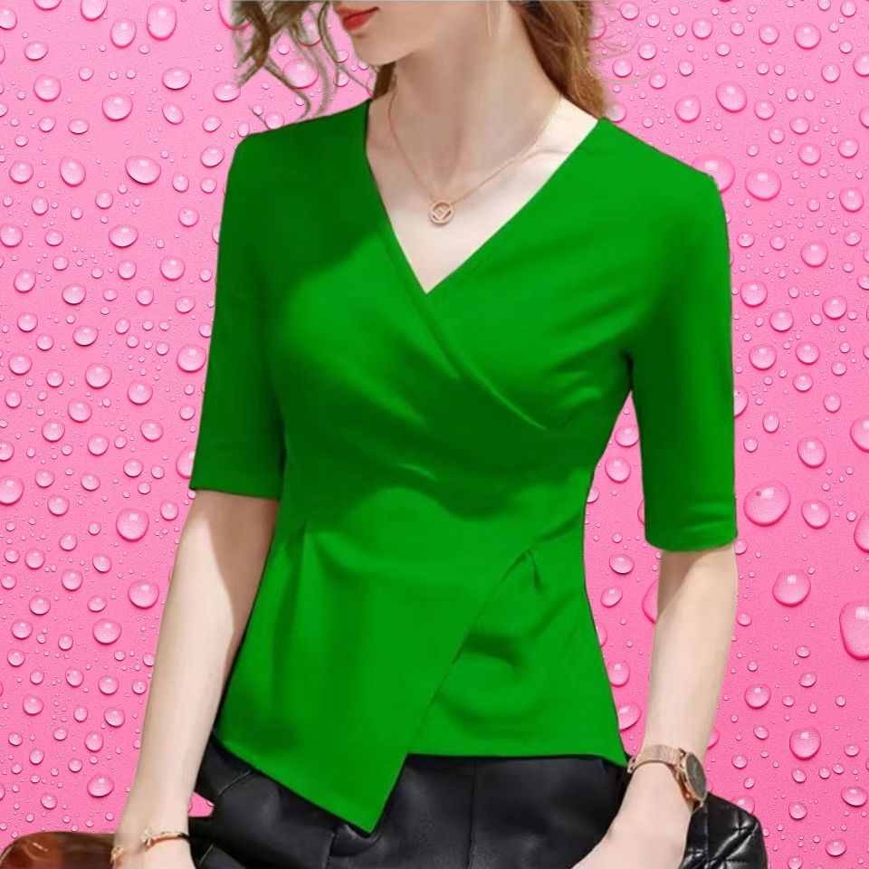 4XL  Women Summer Blouses V-Neck Lady Casual Short Sleeve Office Sexy Solid Color Clothing Tops & Tees WY0856