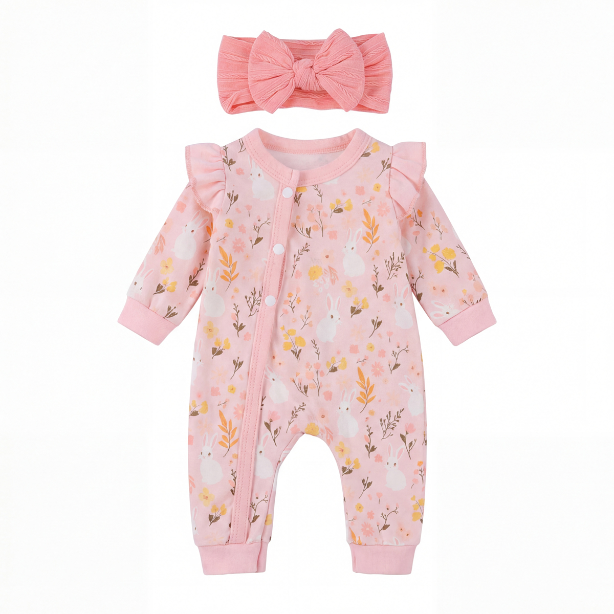 17-20 Inch Pink Bunny Floral Print Romper with Flutter Sleeves