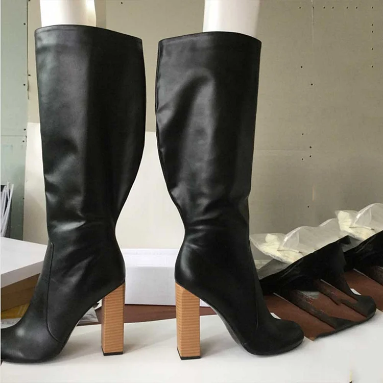 Custom Made Black Calf Length Round Toe High Heel Boots |FSJ Shoes