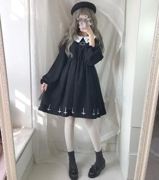 Cute Girls Gothic Lolita Cross Hexagon Spring Long Sleeve Dress S13161