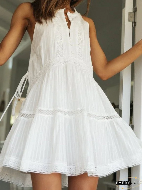Dresses Lace Panel Stand Collar Button Sleeveless Dress for Women