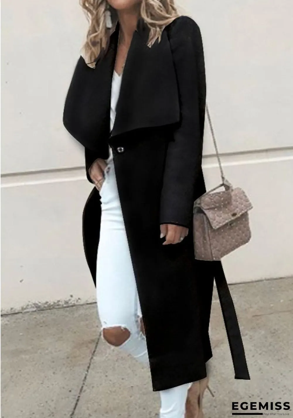 Fold-Over Collar Belt Plain Long Sleeve Coats | EGEMISS