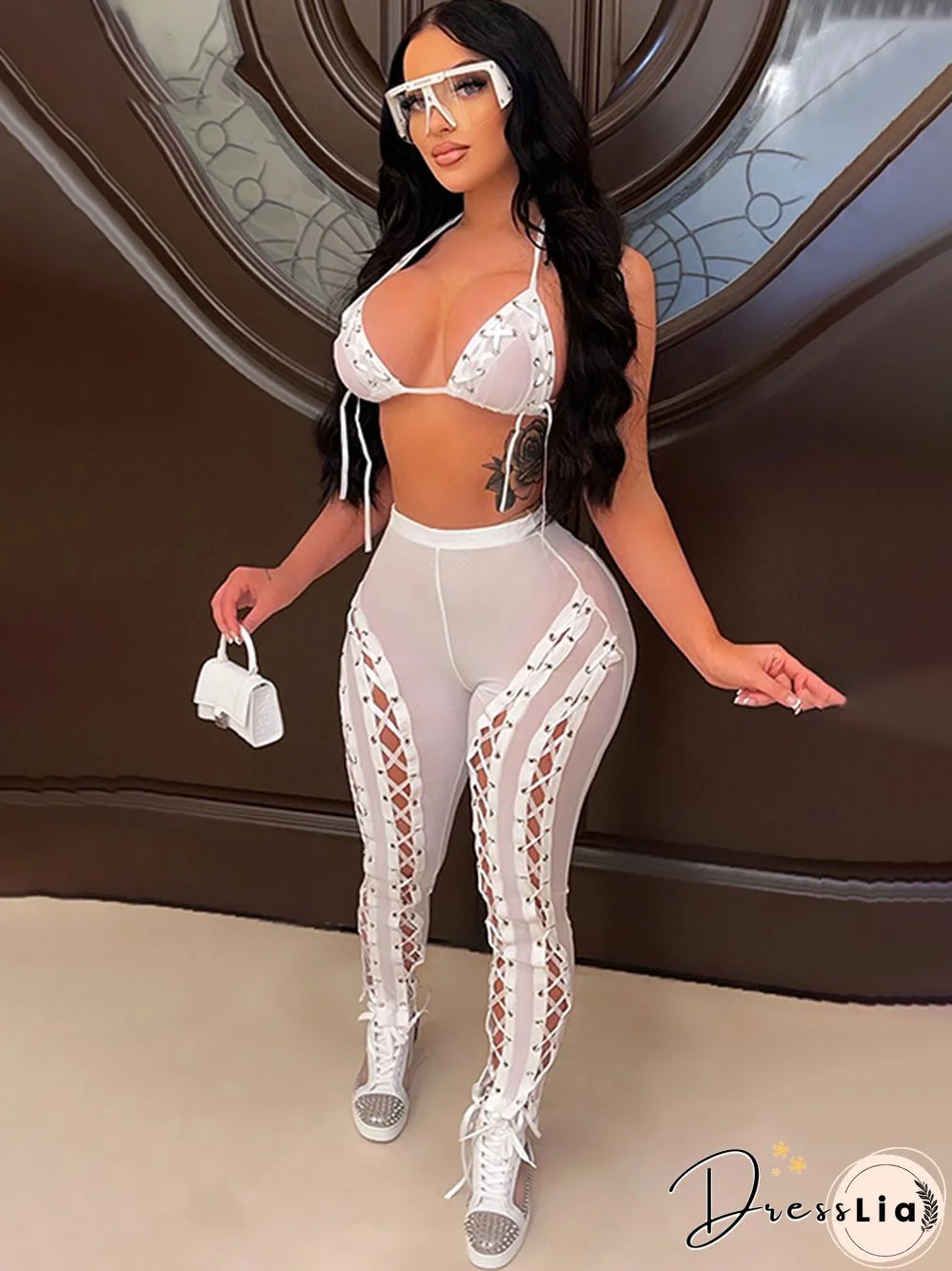 Hollow Out Bandage Mesh See Through Bikini TopsAnd Pencil Pants Two Piece Set Woman Summer Sexy Party Club Outfits