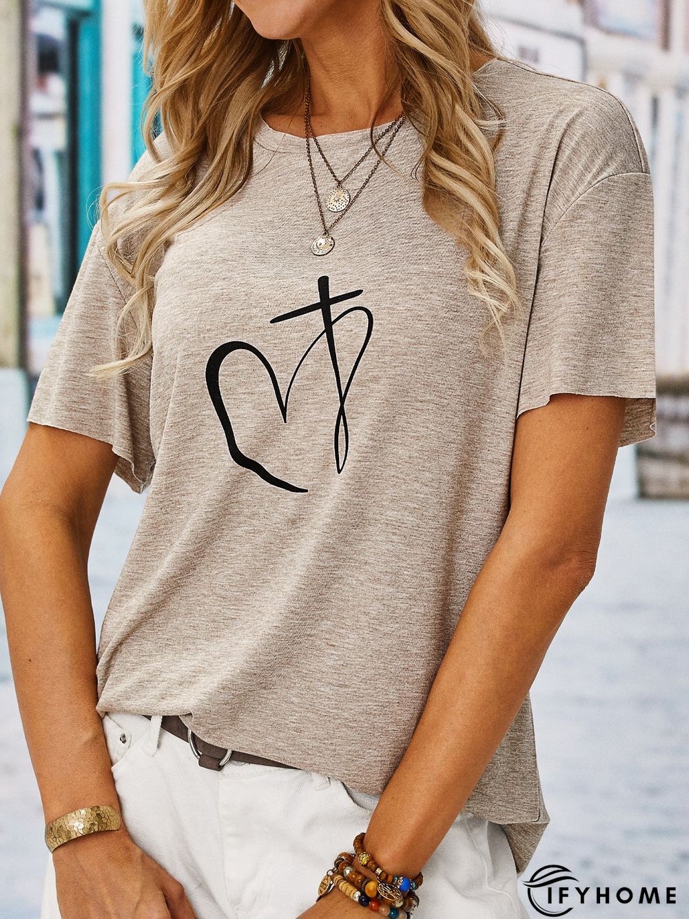 Casual Loose Heart/Cordate Crew Neck Short Sleeve T-Shirt | IFYHOME