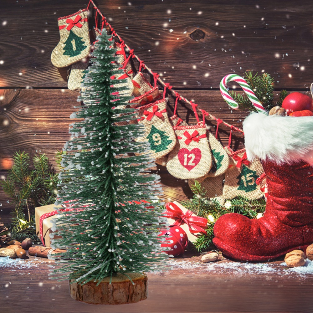 Tegooe Mini Faux Pine Tree with Wood Base - Snow Flocked Christmas Tabletop Decoration