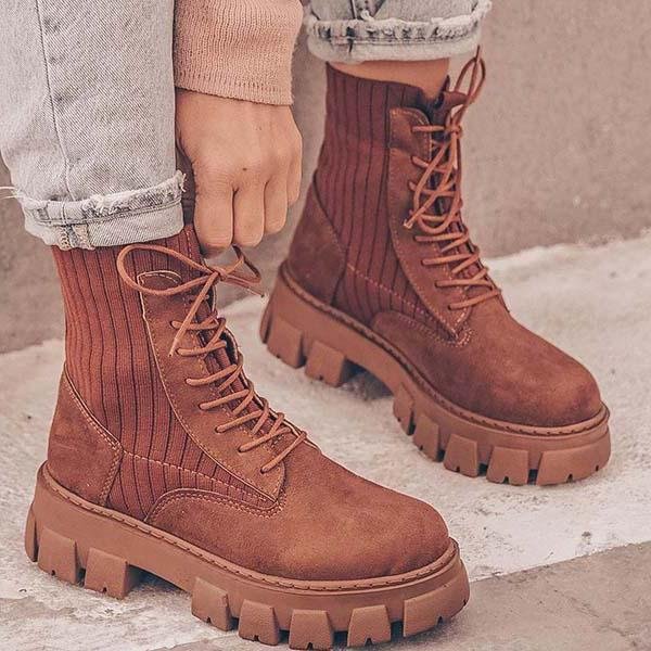  Suede Knit Plantform Lace-up Boots