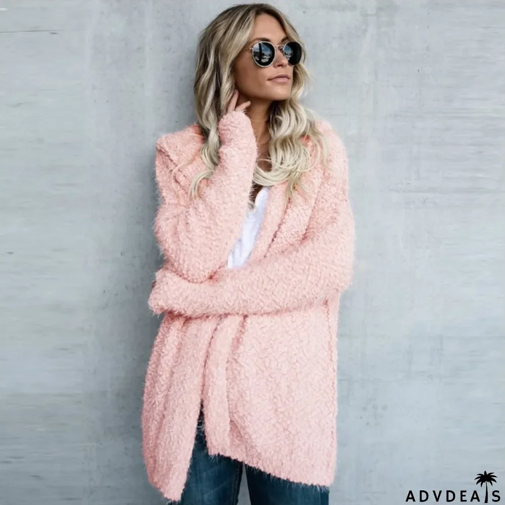 Autumn and winter women's fleece hooded cardigan top coat