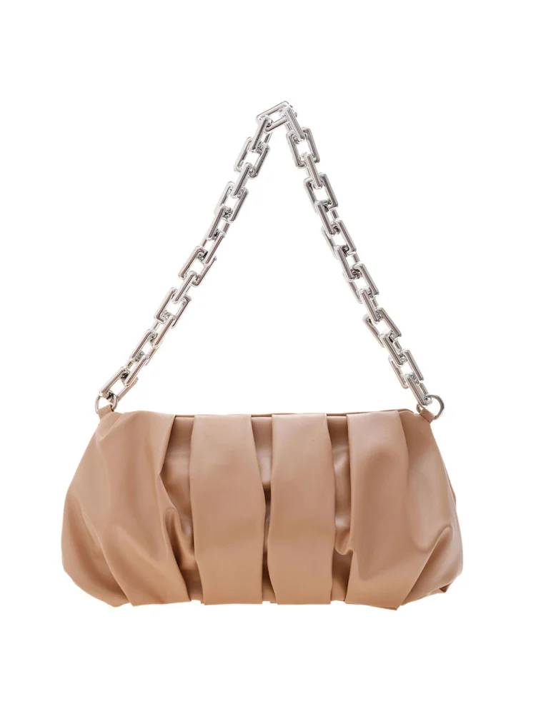 Retro Women PU Pleated Underarm Bag Solid Color Thick Chain Handbag (Khaki)