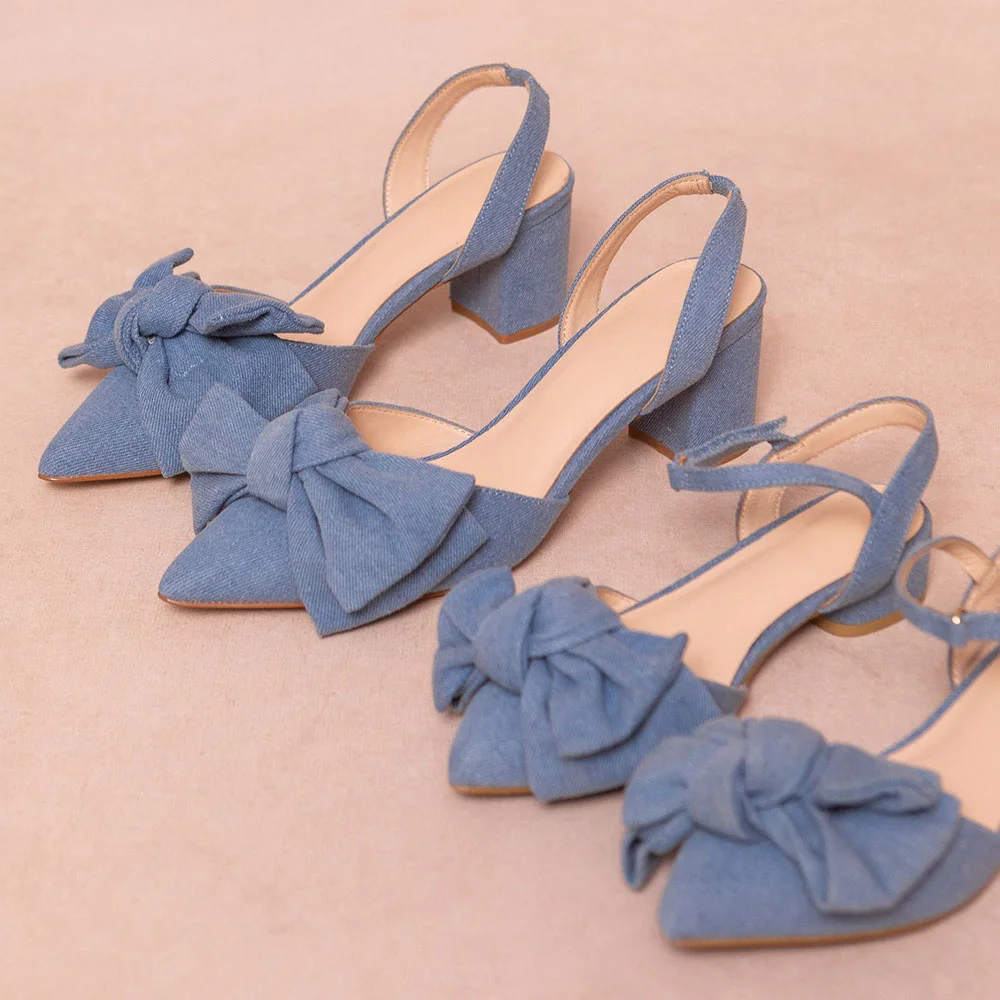 Elegant Blue Denim Pointed Toe Slingback Heels with Bow Accent