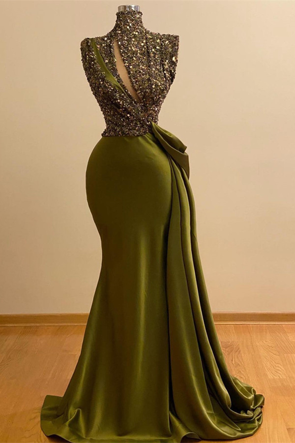 Dresseswow Green High Neck Evening Dress Mermaid Sleeveless Long With Sequins