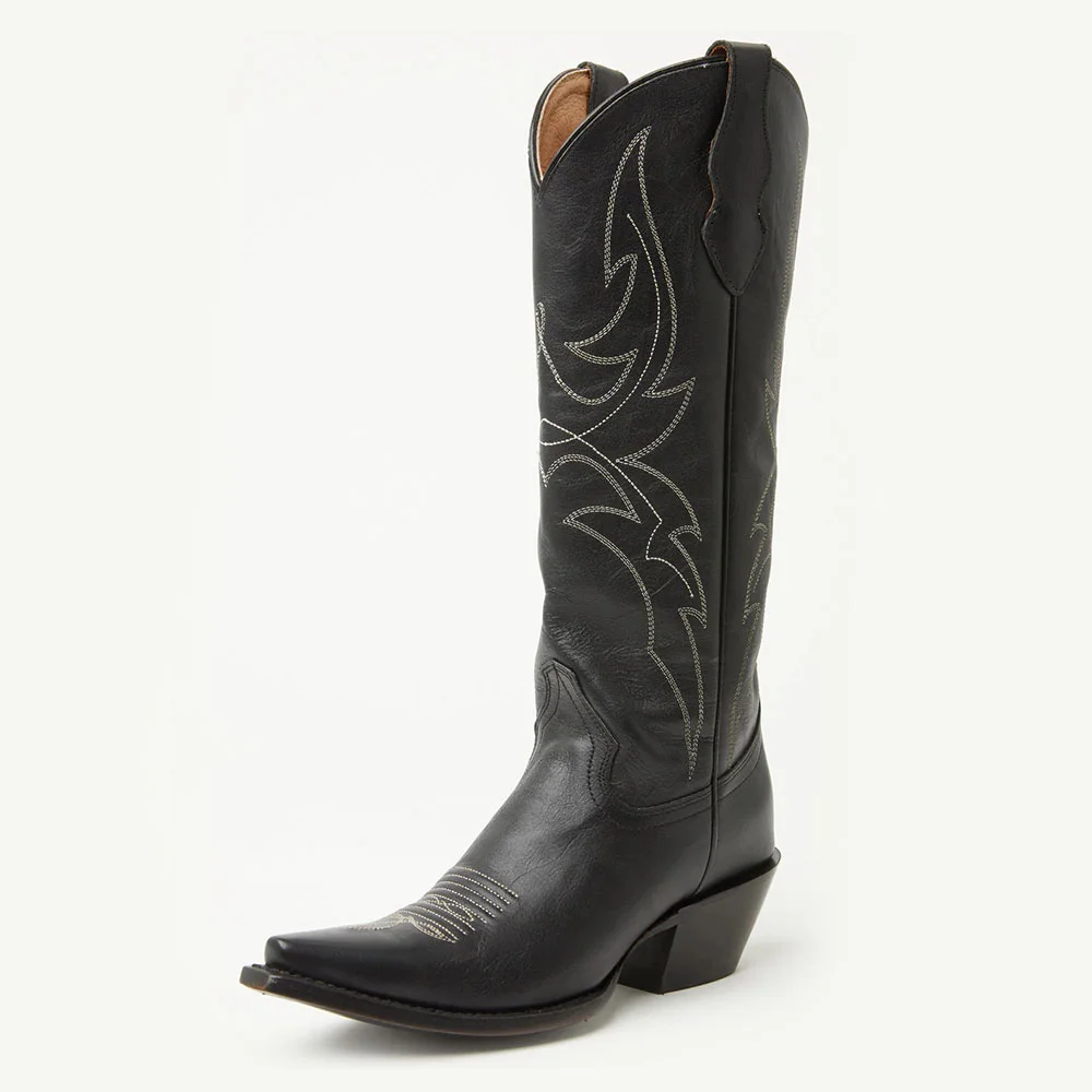 Snip Toe Chunky Heel Knee High Stitching Western Boots in Black