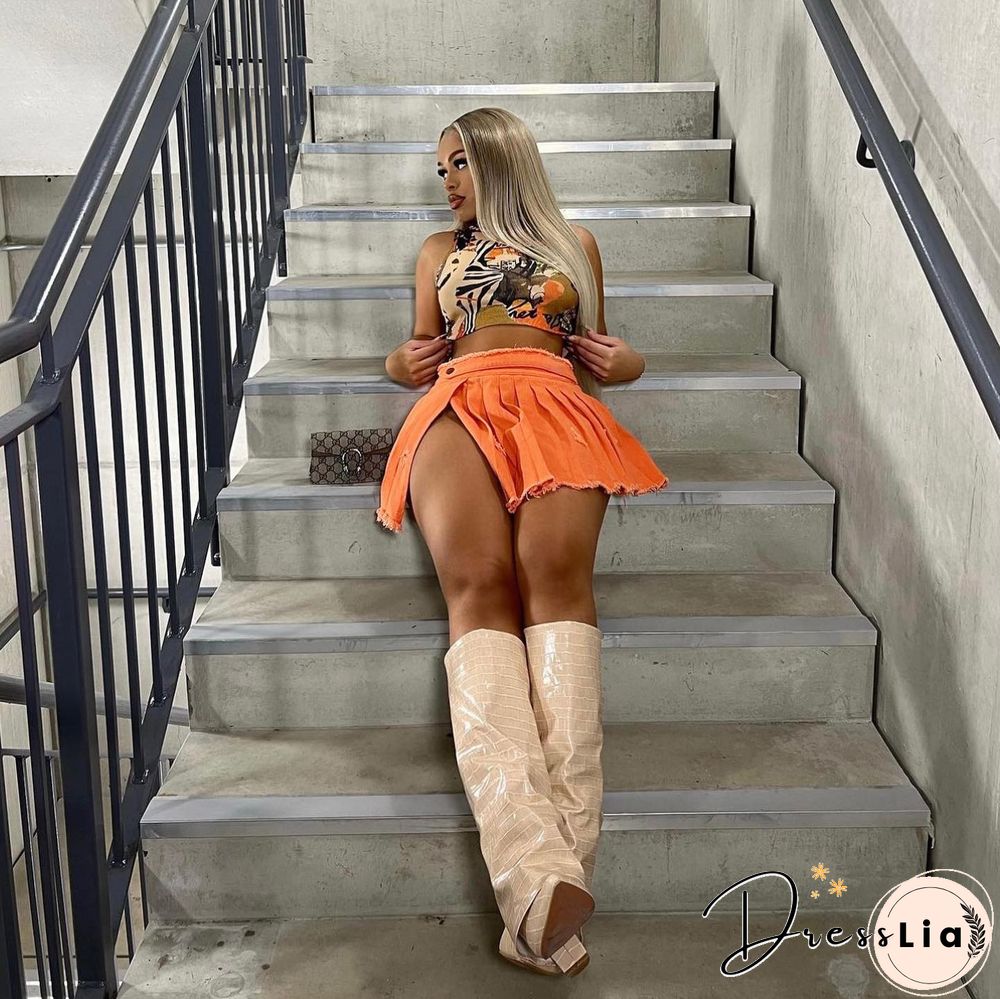 High Waist Street Pleated Slit A Line Mini Denim Skirt