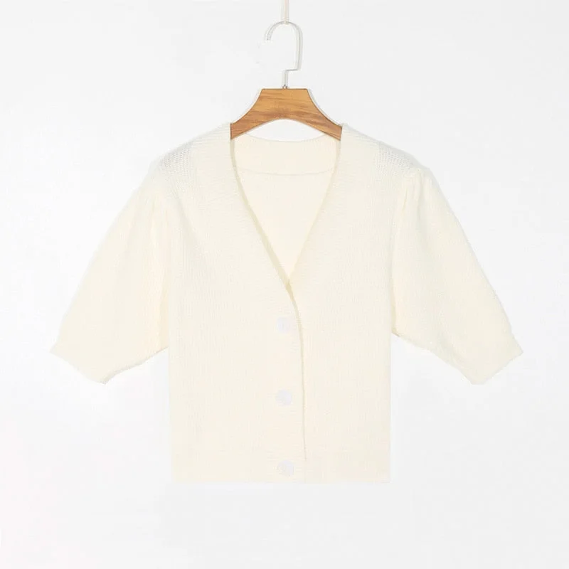 Spring women's sweater casual solid color V-neck short sleeve sweater