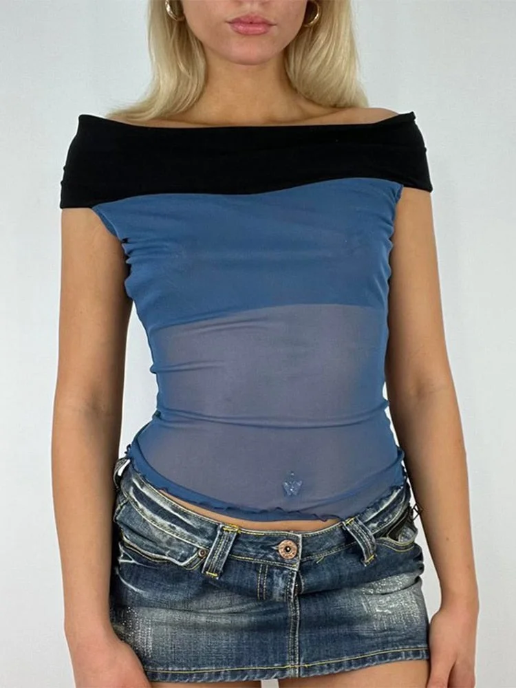 Jacuqeline Patchwork Off Shoulder Mesh T Shirts Summer 2022 See Through Short Sleeve Sexy Fashion Crop Tops Women Y2K Clothes