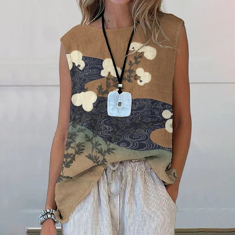 Lunivibe Summer Japanese Art Printed Casual Sleeveless Top