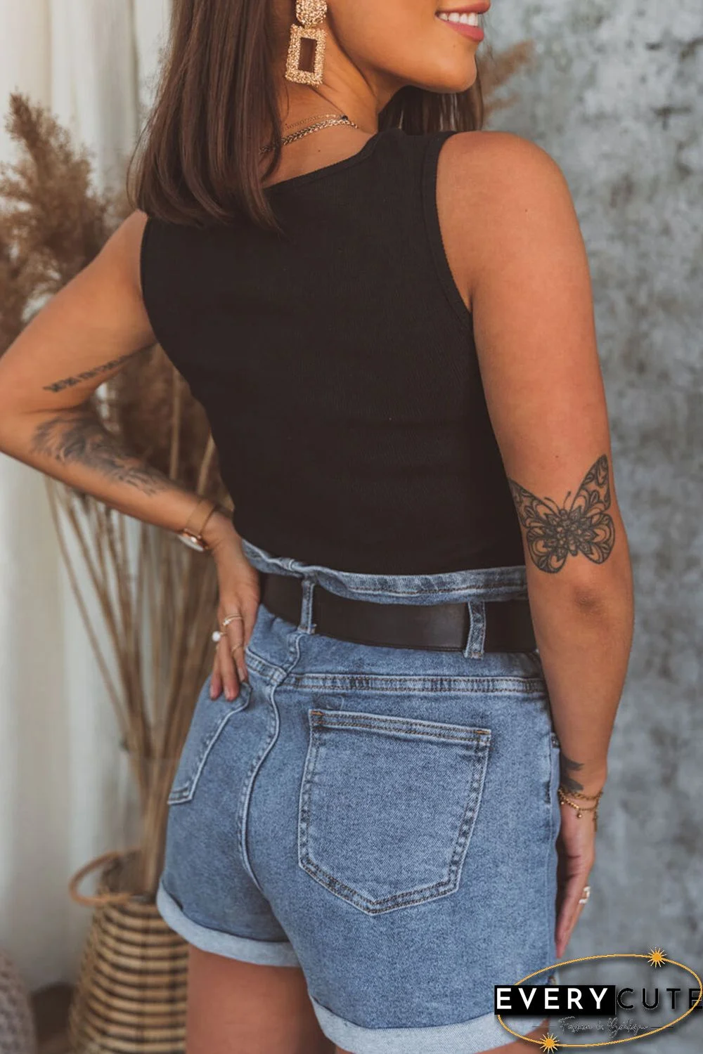 Black Buttoned Design Ribbed Knit Tank