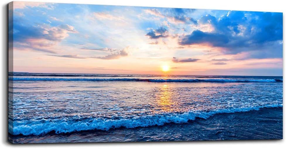 Canvas Wall Art for living room blue beach ocean sea waves landscape Wall Decor Ready to Hang Home Decorations bedroom kitchen bathroom inspirational Canvas prints posters painting wall mural Artwork 24inchx48inch(60cmx120cm)