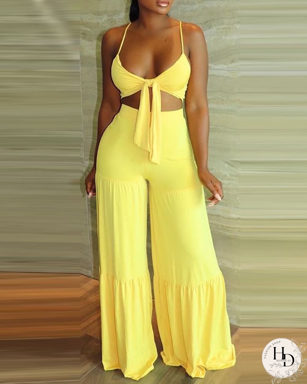 Knotted Sleeveless Crop Top & Wide Leg Pants Set