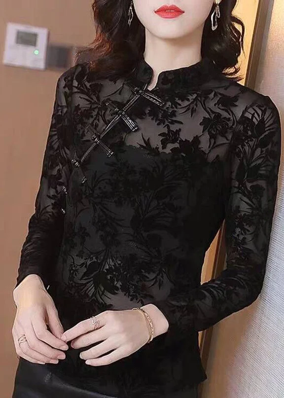 Sexy Black Stand Collar Embroideried Lace Top Fall