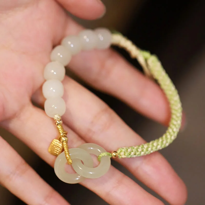 Natural Hetian Jade Bead Double Peace Buckle Fu Character Abundance Braided Bracelet