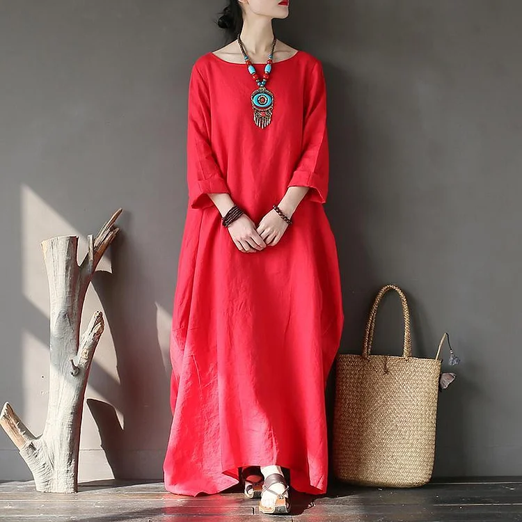 Natural long sleeve linen spring Robes Sleeve red Dress