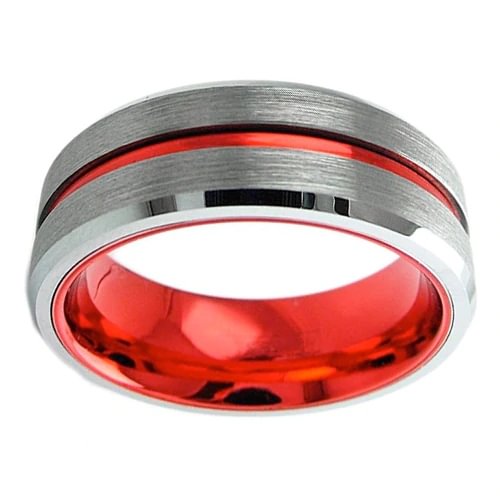 Women's Or Men's Tungsten Carbide Wedding Band Matching Rings,Silver Matte Top with Red Groove Center and Inside,Beveled Edges Ring With Mens And Womens For Width 4MM 6MM 8MM 10MM