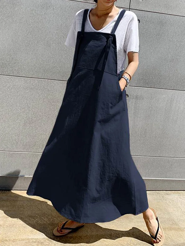 Casual Plain Tie Front Maxi Overall Dress With Pockets