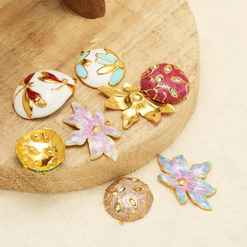 4 PCS/Package 40*26mm Hole 1~1.9mm 304 Stainless Steel Zircon Leaves Flower Dragonfly Pendant Jewelry Accessories