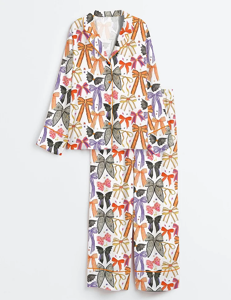 Women&rsquo;s Halloween Bows Spooky Season Long Sleeve Satin Pajama Set