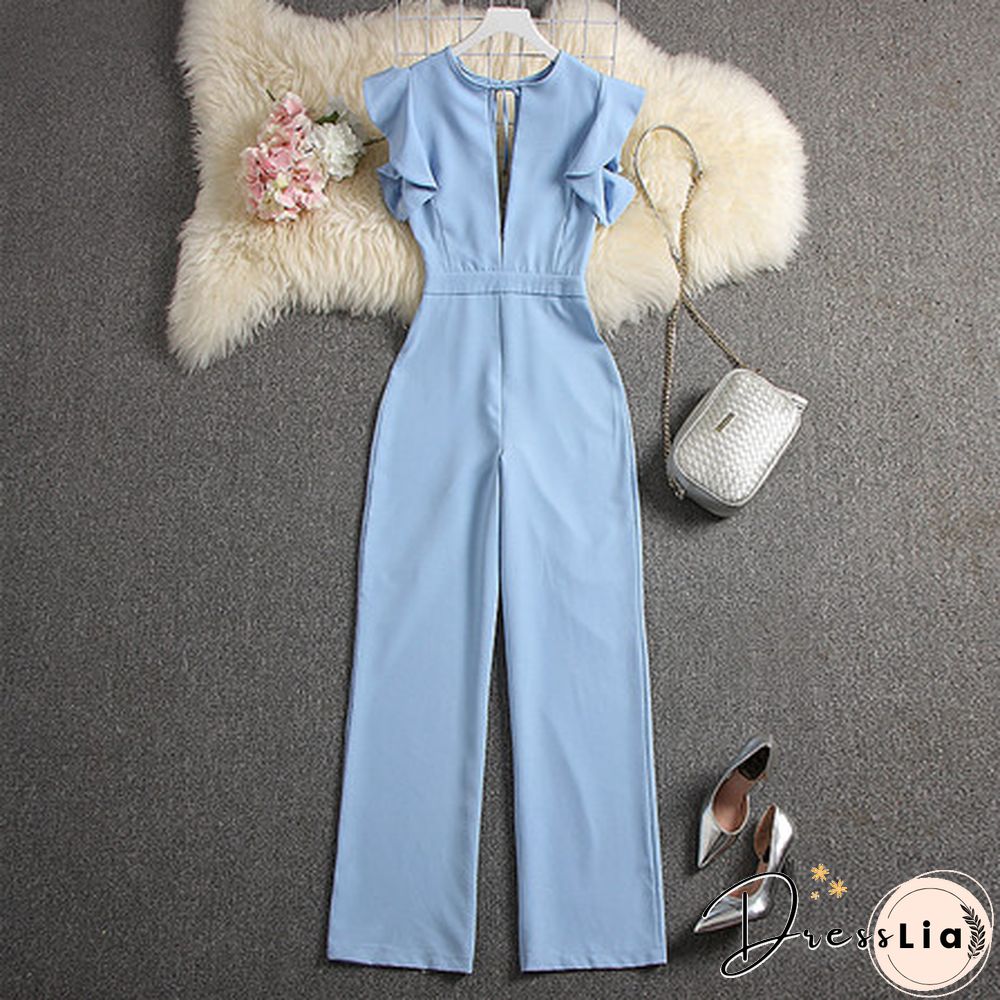 ALPHALMODA Summer Women Deep V-neck Sexy Jumpsuits Solid Color Straight Full Length Pants Ladies Party Overall Outfit