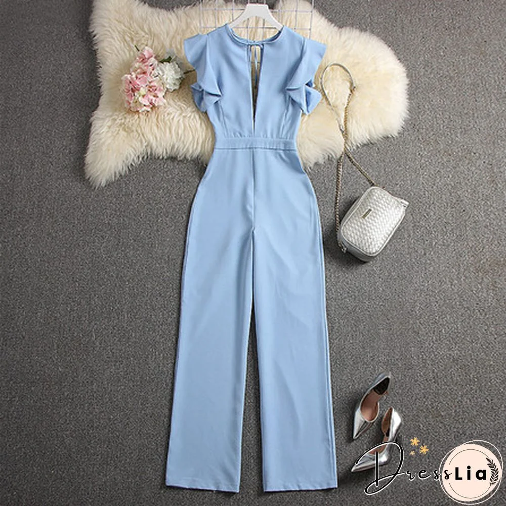 ALPHALMODA Summer Women Deep V-neck Sexy Jumpsuits Solid Color Straight Full Length Pants Ladies Party Overall Outfit