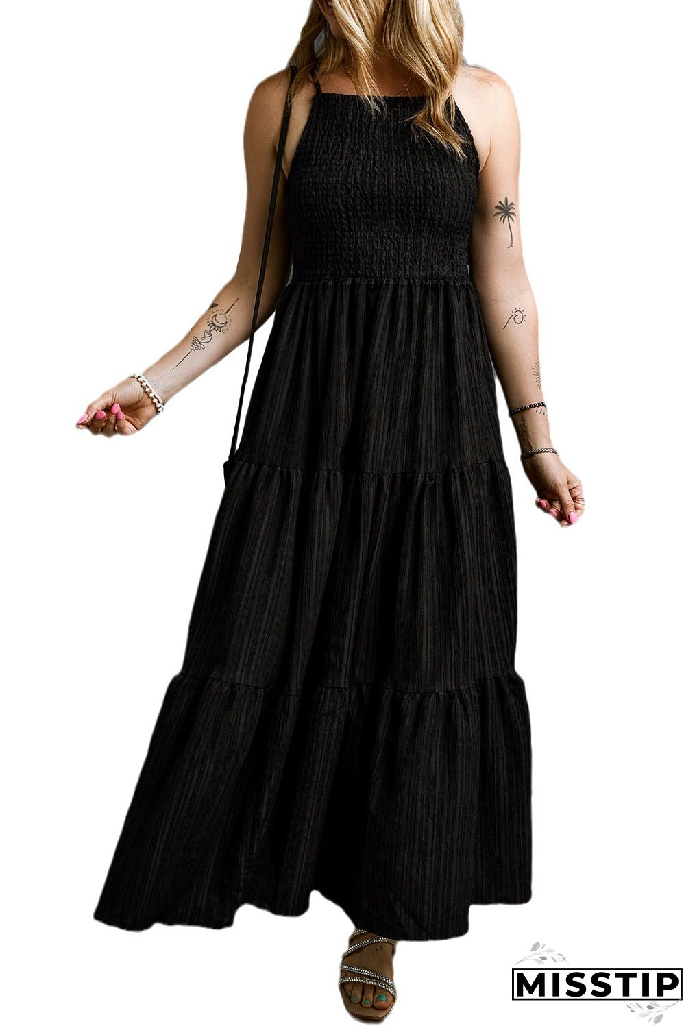 Spaghetti Straps Pleated Tiered Maxi Dress